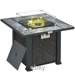 Outsunny Gas Fire Pit Heater PE Rattan Table Rain Cover Windscreen Glass Stone