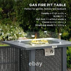 Outsunny Gas Fire Pit Heater PE Rattan Table Rain Cover Windscreen Glass Stone