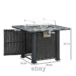 Rattan Gas Fire Pit Table with Rain Cover, Windscreen & Glass Stones, 50,000 BTU